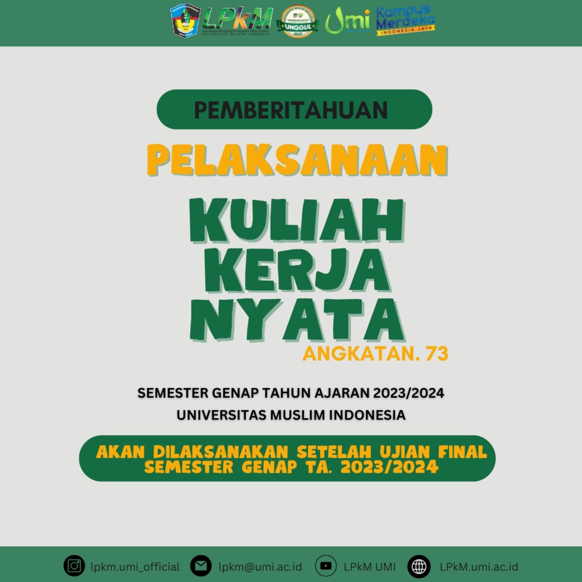 Pemberitahuan KKN Angkatan 73 UMI T.A. 2023/2024
